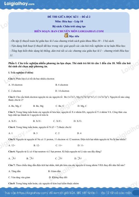 Đề thi giữa kì 1 Hóa 10 Chân trời sáng tạo - Đề số 2